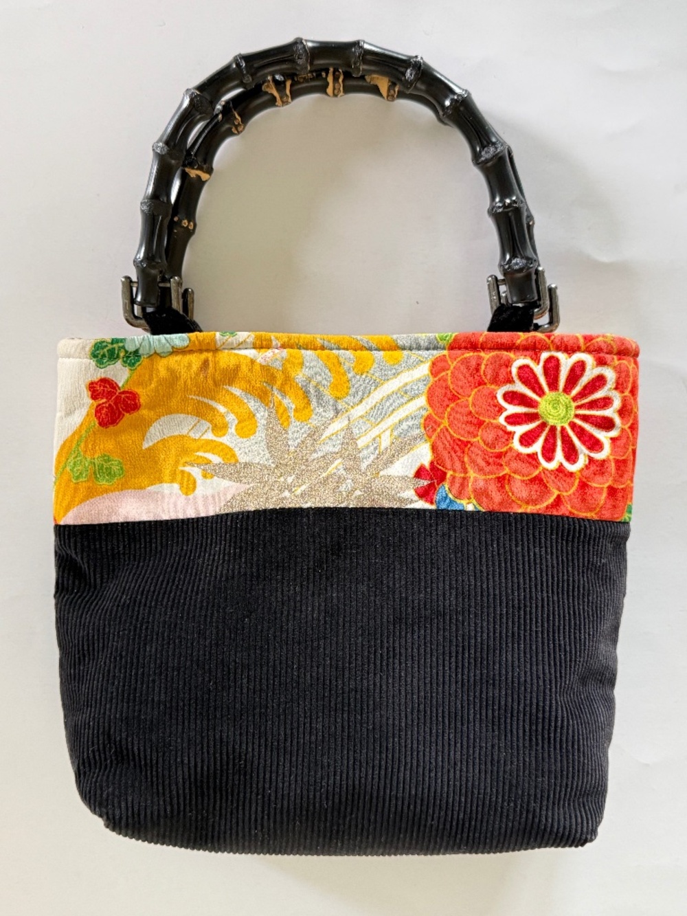 go-yen HANDMADE ARTISAN Colorful Floral Hand Bag Black Bamboo Handles